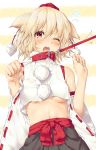  1girl animal_ears blush breasts collarbone fang hat highres inubashiri_momiji leash midriff navel one_eye_closed open_mouth pom_pom_(clothes) red_eyes short_hair silver_hair solo tokin_hat touhou under_boob wince wolf_ears yana_mori 