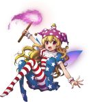  1girl american_flag_legwear american_flag_shirt ayami_chiha blonde_hair clownpiece fairy_wings full_body hat holding jester_cap looking_at_viewer open_mouth pantyhose red_eyes short_sleeves simple_background smile solo torch touhou transparent_background wings wristband 