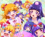  2girls :d :o asahina_mirai black_hat blonde_hair bow chibi cure_magical cure_miracle hair_bow hair_bun half_updo izayoi_liko long_hair looking_at_viewer magical_girl mahou_girls_precure! masako_(sabotage-mode) mini_witch_hat multiple_girls multiple_persona open_mouth pink_hat ponytail precure purple_hair red_bow ruby_style sapphire_style short_hair smile topaz_style twintails violet_eyes wand 