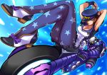  1girl arms_behind_head blue_eyes born_this_way_(stand) breasts brown_hair cleavage fingerless_gloves foreshortening gloves hat high_heels highres jojo_no_kimyou_na_bouken jojolion maid nijimura_kyou pantyhose ryuusei_(mark_ii) stand_(jojo) star_print 