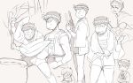  5boys :&gt; armband artist_self-insert blush brothers closed_eyes esper_nyanko fundoshi grey_background greyscale hachimaki half-closed_eyes happi headband heart heart_in_mouth instrument jitome long_sleeves male_focus matsuno_choromatsu matsuno_ichimatsu matsuno_juushimatsu matsuno_karamatsu matsuno_todomatsu monochrome multiple_boys muscle nejiri_hachimaki nyaph osomatsu-kun osomatsu-san ponytail siblings sketch sleeves_rolled_up sweat sweatdrop taiko_drum toothpick 