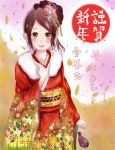  1girl 2016 brown_eyes brown_hair hair_ornament hair_up highres japanese_clothes kimono new_year original pouch smile solo translated yaamodo_seijin 