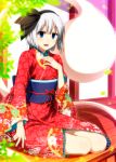  1girl alternate_costume blue_eyes blush hairband hitodama japanese_clothes kimono konpaku_youmu konpaku_youmu_(ghost) long_sleeves looking_at_viewer new_year obi open_mouth sash sazanami_mio short_hair silver_hair sitting sliding_doors smile solo touhou wide_sleeves 