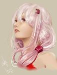  1girl absurdres artist_request bare_shoulders character_name guilty_crown highres lips looking_to_the_side parted_lips pink_eyes pink_hair profile simple_background solo teeth upper_body yuzuriha_inori 