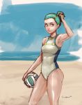  1girl alternate_hairstyle armpits ball beach beach_volleyball competition_swimsuit cowboy_shot darren_geers eureka eureka_seven eureka_seven_(series) green_hair half_updo highres ocean one-piece_swimsuit small_breasts solo swimsuit violet_eyes 