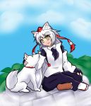  1girl alternate_eye_color animal animal_ears blush detached_sleeves dog fingerless_gloves gloves hat highres inubashiri_momiji pom_pom_(clothes) sandals short_hair silver_hair sitting sitting_on_rock smile solo tail tokin_hat touhou wolf_ears wolf_tail yellow_eyes 