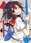  1girl alza black_hair clenched_teeth directional_arrow grin horns kijin_seija multicolored_hair one_eye_closed pointing red_eyes redhead sketch smile solo streaked_hair touhou white_hair wrist_cuffs 