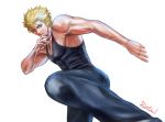  1boy artist_name blonde_hair blue_eyes denim fighting_stance jacky_bryant jeans kicking muscle pants pectorals pink_devil short_hair solo standing_on_one_leg tank_top virtua_fighter white_background 