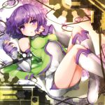 bare_shoulders boots detached_sleeves espoir fingerless_gloves gloves kazetto knee_boots looking_at_viewer lying microphone microphone_stand on_back purple_hair shirt short_hair skirt sound_voltex violet_eyes 