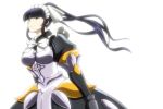  1girl amazon_(taitaitaira) armor armored_dress black_eyes black_hair cross high_ponytail long_hair looking_at_viewer maid maid_headdress narberal_gamma overlord_(maruyama) solo upper_body white_background 