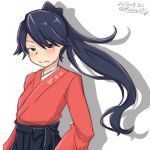  1girl black_eyes black_hair dated houshou_(kantai_collection) japanese_clothes kantai_collection kimono looking_at_viewer ponytail ru2n131 simple_background twitter_username white_background 