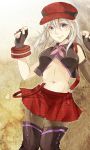  1girl alisa_ilinichina_amiella blue_eyes boots breasts elbow_gloves fingerless_gloves gloves god_eater god_eater_burst hat long_hair looking_at_viewer moonku navel pantyhose silver_hair skirt smile solo suspender_skirt suspenders thigh-highs thigh_boots under_boob white_hair 