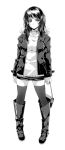  &gt;:( 1girl bag boots casual coat full_body handbag highres jewelry jpeg_artifacts knee_boots monochrome nagayori necklace open_clothes open_coat original simple_background skirt solo standing sweater thigh-highs white_background zettai_ryouiki 