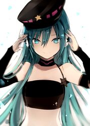  1girl bare_shoulders black_shirt blue_eyes blue_hair blue_nails detached_sleeves hair_between_eyes hands_on_headphones hat hatsune_miku hatsune_miku_no_shoushitsu_(vocaloid) headphones long_hair looking_at_viewer lp_(hamasa00) midriff nail_polish shirt simple_background sleeveless sleeveless_shirt smile solo upper_body very_long_hair vocaloid white_background 