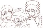  &gt;_&lt; 3girls closed_eyes clownpiece fang hat hecatia_lapislazuli junko_(touhou) long_hair monochrome multiple_girls open_mouth smile sweatdrop touhou wool_(miwol) 