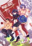  bandaid bandaid_on_nose black_hair blue_eyes blue_hair blue_rose boots fingerless_gloves flower foreshortening gloves guts_(kill_la_kill) hat kill_la_kill kinagase_tsumugu matoi_ryuuko mikisugi_aikurou miniskirt mohawk multicolored_hair muscle open_mouth pleated_skirt raki-r-isis redhead rose school_uniform senketsu serafuku shirtless skirt smile sparkle squatting suspenders sword two-tone_hair weapon 