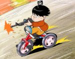  1boy black_hair casual facial_mark firing hatabou henocchi jacket jolly_roger male_focus mini_flag osomatsu-kun riding road solo tricycle whisker_markings 