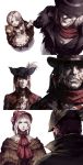  absurdres bangs blood blood_splatter bloodborne bonnet cloak gehrman_the_first_hunter green_eyes hat highres holding hunter_(bloodborne) lady_maria_of_the_astral_clocktower long_hair plain_doll ponytail ruukii_drift scarf silver_hair swept_bangs top_hat tricorne upper_body white_hair 