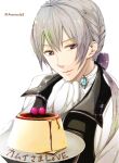  1boy arerecle2 artist_name cherry fire_emblem fire_emblem_if food fruit grey_hair joker_(fire_emblem_if) long_hair low_ponytail pudding simple_background solo violet_eyes white_background 