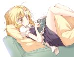  1girl blonde_hair blush book hair_ornament ina_(inadahime) kirisame_marisa legs long_hair lying no_hat on_back pillow solo star_hair_ornament touhou yellow_eyes 