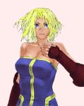 1girl bare_shoulders blonde_hair blue_eyes brass_knuckles breasts final_fantasy final_fantasy_tactics gloves large_breasts monk_(fft) muhamado short_hair solo unitard weapon 