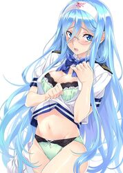  1girl aoki_hagane_no_arpeggio aqua_eyes aqua_hair bespectacled bra breasts cleavage glasses green_bra green_panties hair_between_eyes hairband hand_on_own_chest highres jpeg_artifacts lifted_by_self long_hair mole mole_under_mouth nagayori open_clothes open_mouth open_shirt panties shirt shirt_lift simple_background skirt skirt_pull solo takao_(aoki_hagane_no_arpeggio) underwear very_long_hair white_background 