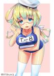  1girl artist_name blonde_hair blue_eyes book breast_hold breast_press breasts glasses hat highres i-8_(kantai_collection) kantai_collection kyo_(kyo21413) low_twintails name_tag open_mouth peaked_cap red-framed_glasses school_swimsuit short_hair smile solo submarine swimsuit thigh-highs twintails white_legwear 
