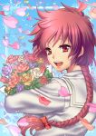  1girl :d blue_background bouquet bow braid d-red flower hair_bow long_hair looking_at_viewer magic_knight_rayearth open_mouth petals purple_rose red_bow red_eyes red_rose redhead rose shidou_hikaru single_braid smile solo upper_body white_rose yellow_rose 
