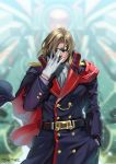  1boy belt brown_hair cannon_dancer cannons_(cannon_dancer) cape gloves indesign long_coat long_hair strider_(video_game) sunglasses 