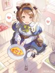  1girl bag brown_eyes brown_hair dress food granblue_fantasy heart horns looking_at_viewer omurice open_mouth plate pointy_ears sketch smile solo spoken_heart thigh-highs twitter_username white_legwear yaia_(granblue_fantasy) yumekui 