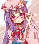  1girl alza blush bow crescent_hair_ornament glasses hair_bow hair_ornament hat long_hair mob_cap patchouli_knowledge purple_hair red-framed_glasses sketch solo touhou violet_eyes 