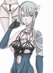  1girl arm_up bandages bow braid breasts brown_eyes cleavage elbow_gloves flower gloves grey_hair hair_flower hair_ornament highres kaine_(nier) large_breasts lingerie murabito_sono2 nier no_pants panties parted_lips simple_background solo underwear white_background 