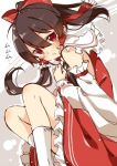  1girl alza bare_shoulders black_hair blush bow detached_sleeves hair_bow hair_tubes hakurei_reimu red_eyes sash sketch solo touhou 