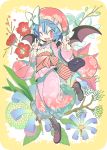  &gt;;d 1girl bag bat_wings blue_hair blush boots bow fang flower handbag hat japanese_clothes kimono looking_at_viewer mob_cap morino_hon one_eye_closed one_leg_raised red_eyes remilia_scarlet short_hair smile solo touhou v wings 