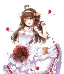  1girl :d adjusting_hair ahoge bangs blush bouquet breasts brown_hair cleavage collarbone double_bun dress flower hair_bun hair_rings headband hnanati holding jewelry kantai_collection kongou_(kantai_collection) long_hair looking_at_viewer necklace open_mouth petals rose simple_background smile solo wedding_dress white_background wristband yellow_eyes 