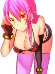  1girl alternate_hair_color bent_over black_gloves breasts cleavage downblouse gloves hachiju hair_down large_breasts long_hair looking_at_viewer mismatched_gloves pink_hair pink_legwear short_shorts shorts solo strap_gap sweatdrop tengen_toppa_gurren_lagann under_boob white_background yellow_eyes yoko_littner 