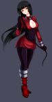  1girl black_gloves black_hair black_legwear boots cleavage_cutout full_body gloves grey_background highvoltage natsume_(pokemon) pantyhose pokemon red_boots red_eyes red_shirt shirt simple_background smirk solo standing whip 
