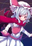  1girl ascot bat_wings beni_shake dress hat hat_ribbon long_sleeves looking_at_viewer mob_cap red_eyes remilia_scarlet ribbon sash scarf silver_hair smile solo touhou white_dress wings 