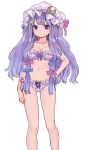  1girl ama-tou bikini blush_stickers bow collarbone crescent hair_bow hat long_hair looking_at_viewer midriff mob_cap navel patchouli_knowledge purple_hair ribbon simple_background solo striped striped_bikini striped_swimsuit swimsuit touhou violet_eyes white_background 