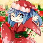  1girl alternate_costume aqua_eyes bell blue_hair christmas fubukihime hat high_ponytail highres holly japanese_clothes kimono long_hair looking_at_viewer multicolored_hair one_eye_closed open_mouth sakumado santa_hat solo two-tone_hair youkai youkai_watch 