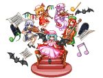  5girls apron bat bat_wings blonde_hair blue_bow blue_hair bow braid cello collared_shirt crescent dress flandre_scarlet frilled_skirt frills green_eyes hair_bow hat hat_ribbon hong_meiling instrument izayoi_sakuya long_hair long_sleeves lowres maid_headdress manaten mob_cap multiple_girls musical_note open_mouth patchouli_knowledge pink_dress pixel_art playing_instrument puffy_short_sleeves puffy_sleeves purple_hair red_bow red_eyes red_ribbon redhead remilia_scarlet ribbon sheet_music shirt shoes short_hair short_sleeves silver_hair skirt smile socks star touhou twin_braids violin white_background wide_sleeves wings 