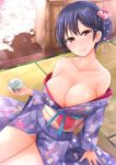    1girl alcohol alternate_hairstyle bangs black_hair blush breasts cleavage collarbone drunk flower hair_flower hair_ornament japanese_clothes kantai_collection kimono large_breasts long_hair looking_at_viewer naigou obi off_shoulder red_eyes sake sash sitting smile solo ushio_(kantai_collection) 