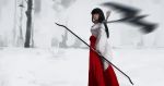  1girl absurdres arrow black_hair bow_(weapon) caviar_(lunar_sama) highres hime_cut inuyasha japanese_clothes kikyou_(inuyasha) long_hair miko quiver snow solo weapon wide_sleeves 