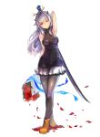  1girl absurdres arms_behind_back black_legwear bouquet breasts flower full_body highres horns large_breasts long_hair looking_at_viewer one_eye_closed original petals pointy_ears red_eyes rose shoes silver_hair simple_background solo sword turtleneck virus_(obsession) weapon white_background 