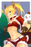  1girl :q antlers bell belt christmas covered_nipples fake_antlers fate/apocrypha fate/grand_order fate_(series) fur_trim gloves green_eyes highres i-pan jacket midriff navel ponytail reindeer_antlers reins saber_of_red santa_costume scrunchie short_shorts shorts snowman solo strapless tongue tongue_out tubetop 