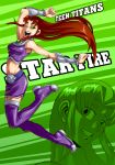  1girl boots brown_hair character_name dc_comics full_body green_background green_eyes grin highres midriff navel one_eye_closed open_mouth projected_inset ryuusei_(mark_ii) skirf smile solo starfire teen_titans thigh-highs thigh_boots vambraces zettai_ryouiki 