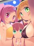  3girls beatmania beatmania_iidx beatstream bemani bikini bisco_(beatstream) blonde_hair blush breast_envy breasts green_eyes hirose_madoka large_breasts licking_lips looking_at_viewer multiple_girls nagisa_(bemani) open_mouth pink_eyes pink_hair plaid plaid_bikini rasis self_shot sound_voltex swimsuit tongue tongue_out 