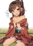  1girl alternate_costume bare_shoulders barefoot blush breasts brown_eyes brown_hair collarbone floral_print hair_ornament highres i-401_(kantai_collection) japanese_clothes kantai_collection kimono large_breasts looking_at_viewer open_mouth ponytail sash short_hair sitting solo takeshima_(nia) tan tatami translation_request wariza wet wide_sleeves yukata 