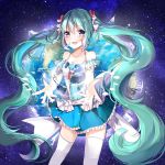  1girl :d aqua_hair armband bare_shoulders blush breasts camisole cleavage collarbone earth frilled_skirt frills hatsune_miku hnanati lavender_eyes long_hair looking_at_viewer open_mouth planet skirt smile solo space star starry_background thigh-highs twintails upper_body very_long_hair vocaloid wavy_hair white_legwear zettai_ryouiki 