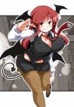  1girl bouncing_breasts breasts cleavage demon_tail head_wings koakuma large_breasts looking_at_viewer low_wings midriff necktie pantyhose pointy_ears red_eyes redhead skirt smile solo sugiura tail thigh-highs thighs touhou wings 